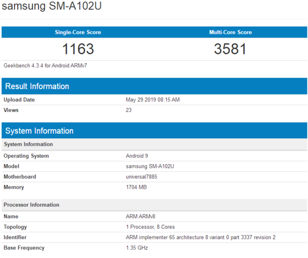 疑似三星a10e跑分现身 exynos 7884/2gb运行内存