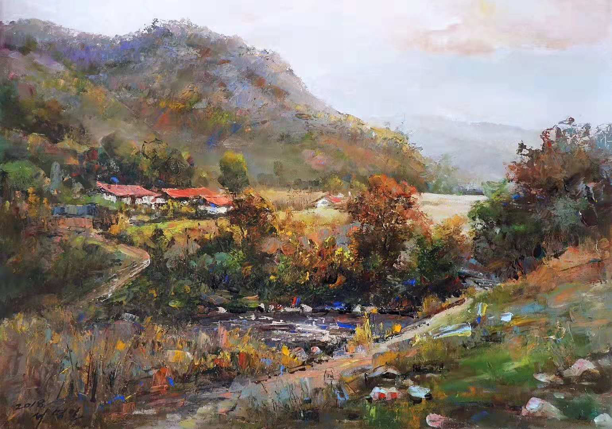 油画风景《河岸红枫,72*51,马京燮 转载自百家号作者:8彩虹画室