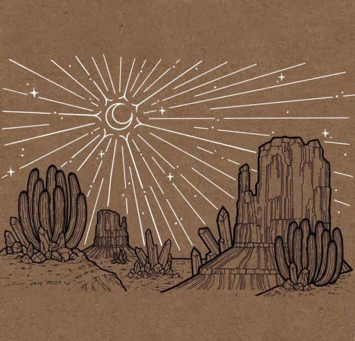 牛皮纸上的黑白色针管笔画,山间景色