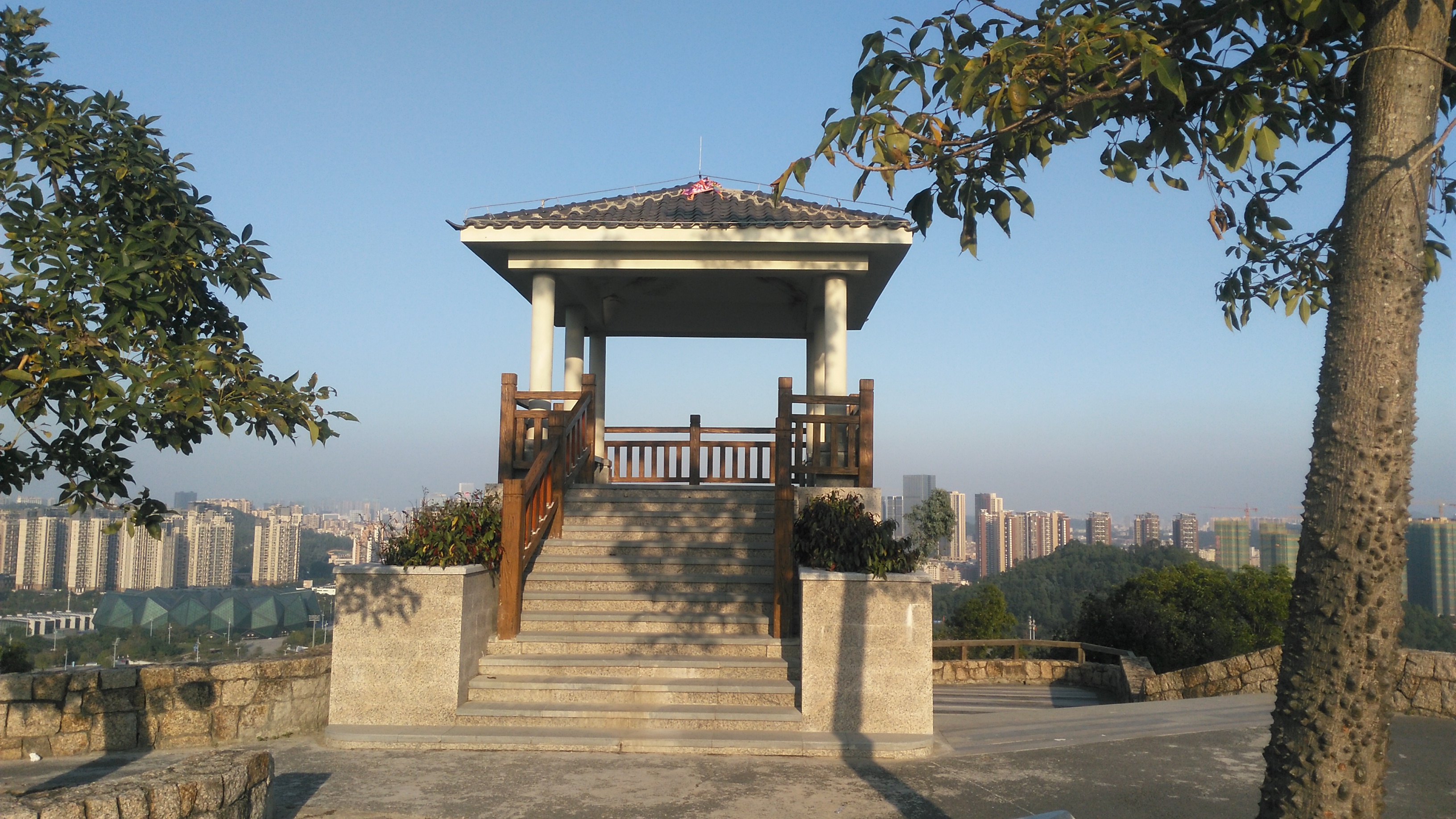 爬到深圳大运公园山顶,在最高处的观景台远眺龙岗