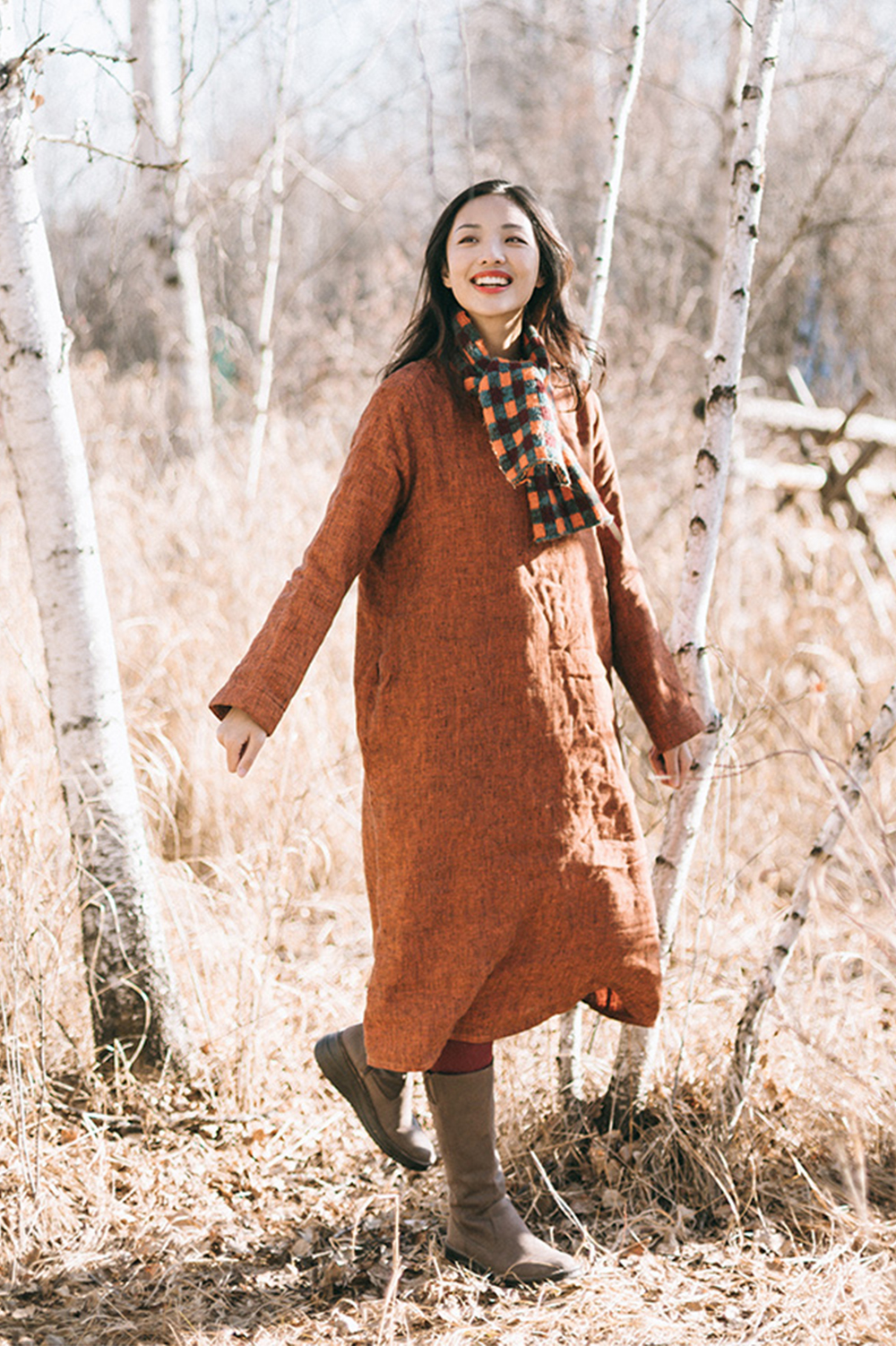 亚麻色织斑驳感长袖连衣裙