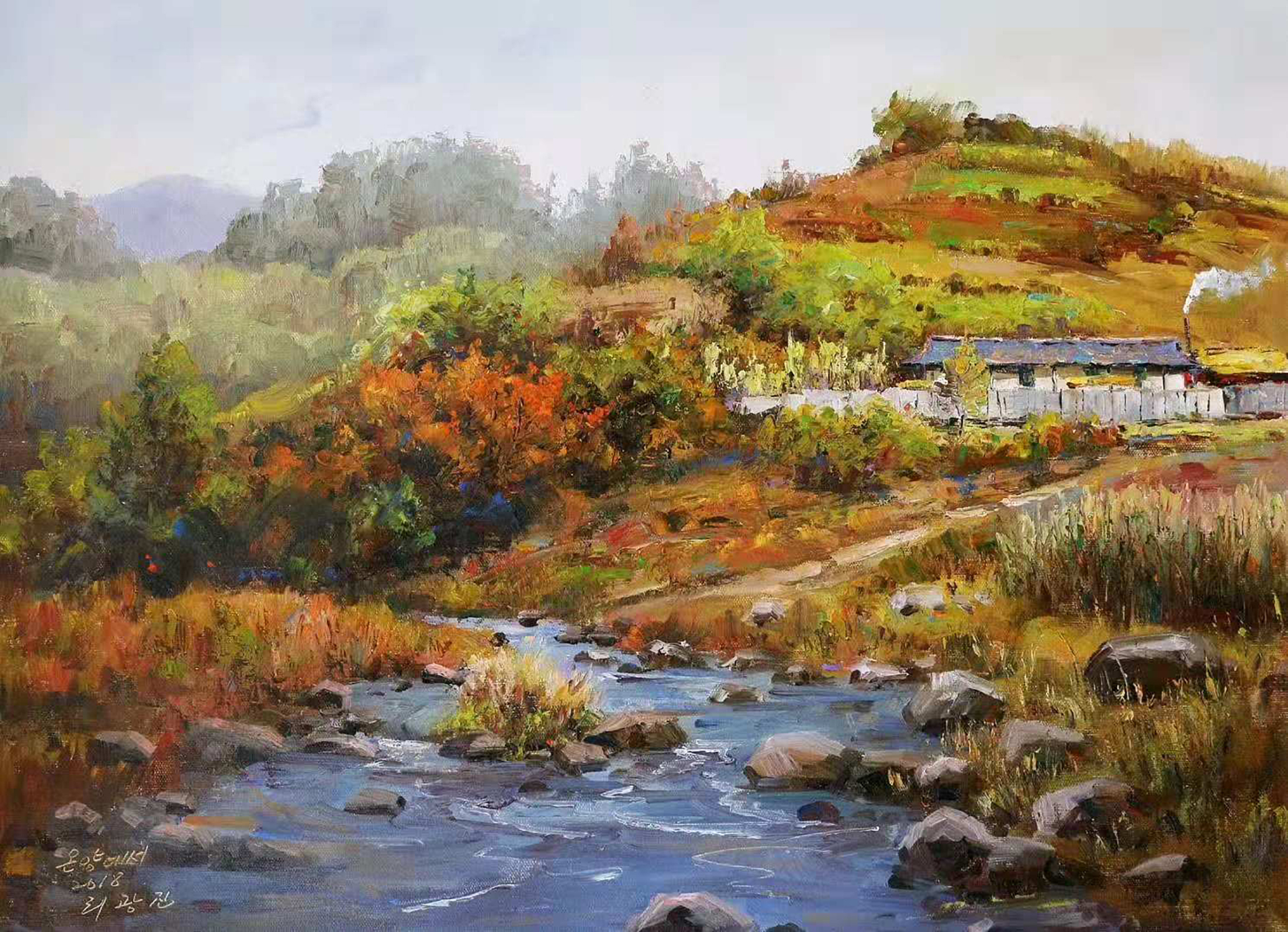 油画风景欣赏,村边潺潺流水的小溪流
