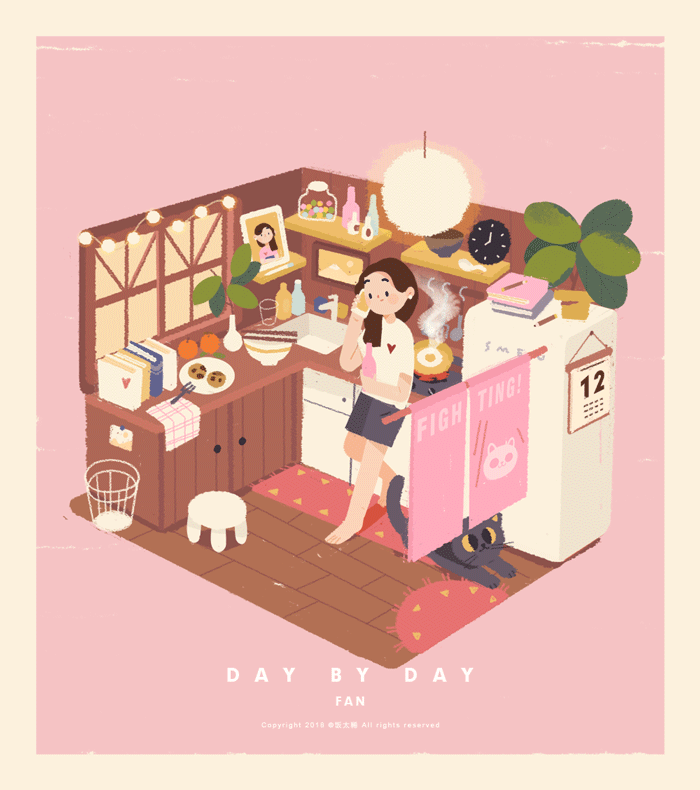 「一个人的生活」微动gif插画,坚强外表有个软萌内心,用画表达