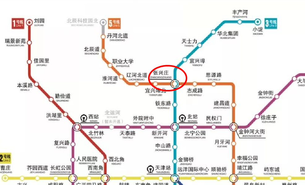 天津地铁3号线和5号线的张兴庄站:名称与实际地点并不相符