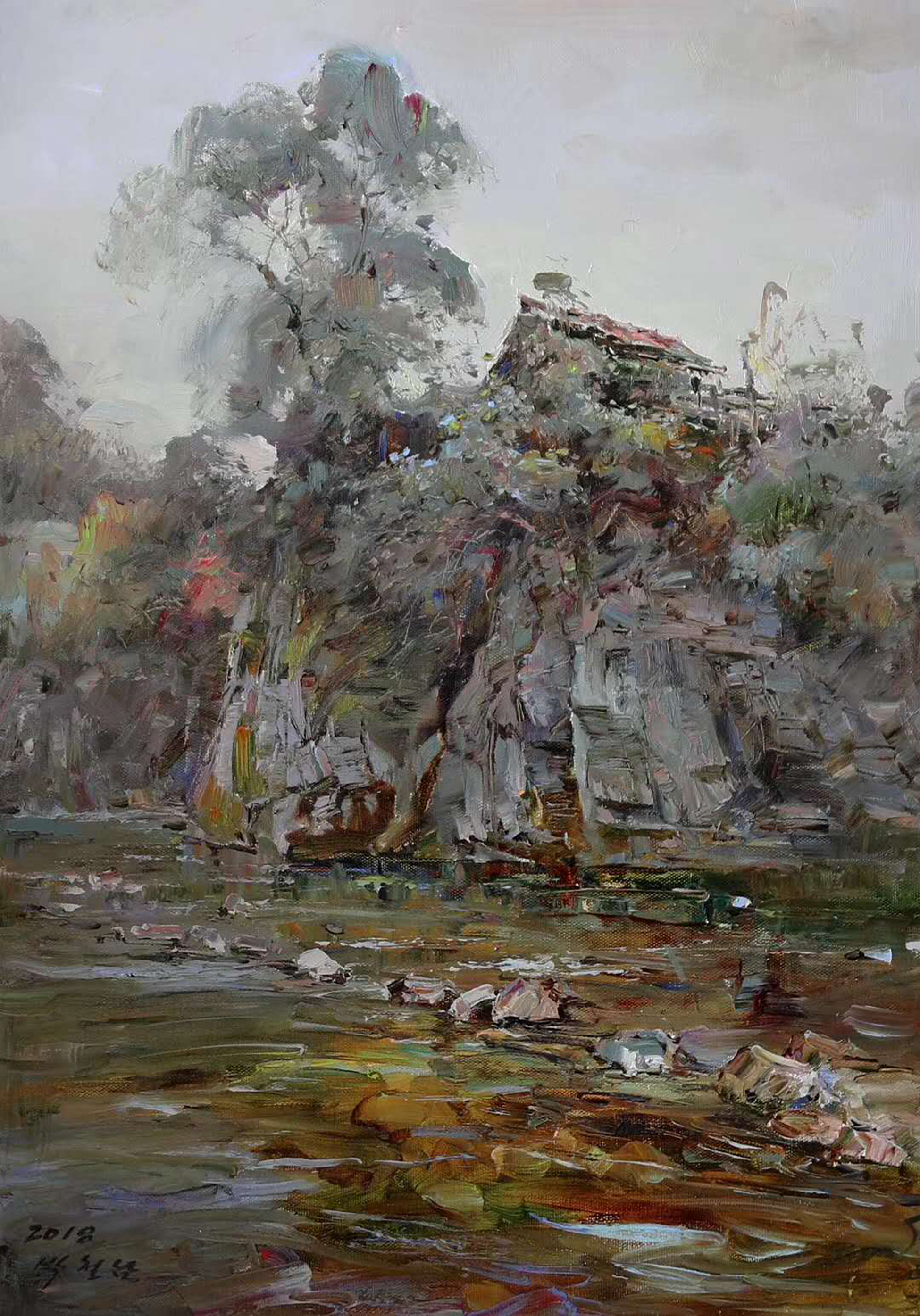 这组描绘烟雨寒江的风景油画,以形写意