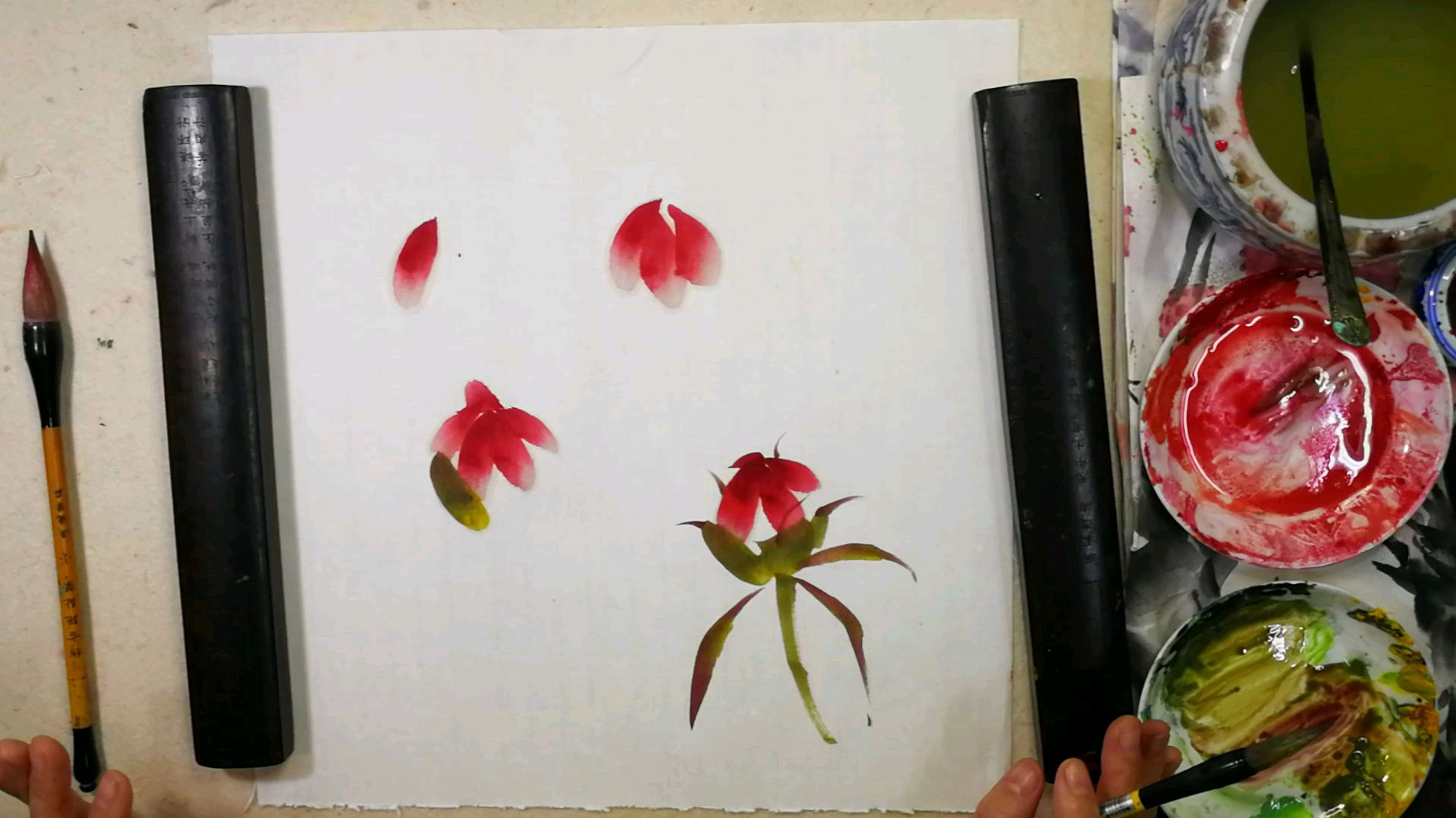 国画提高教程花鸟篇。牡丹四、花蕊、花蕾画法:2、花蕾画法