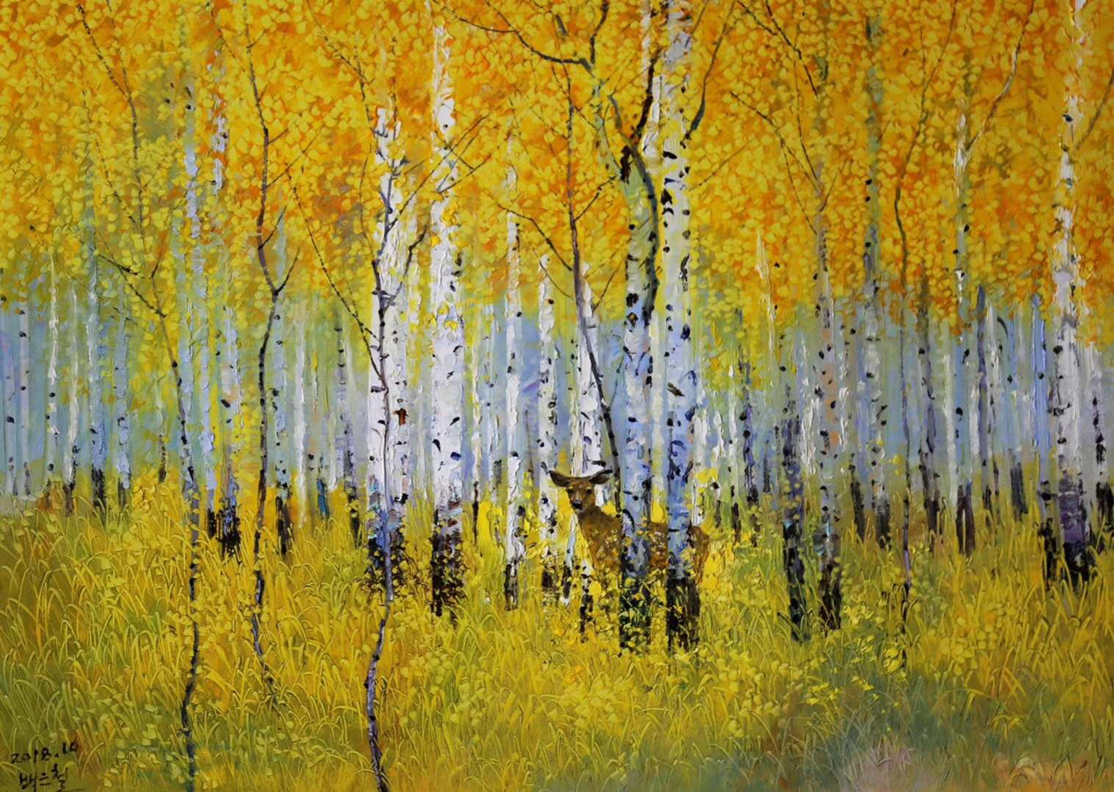 油画风景——白桦林,美丽的风景林