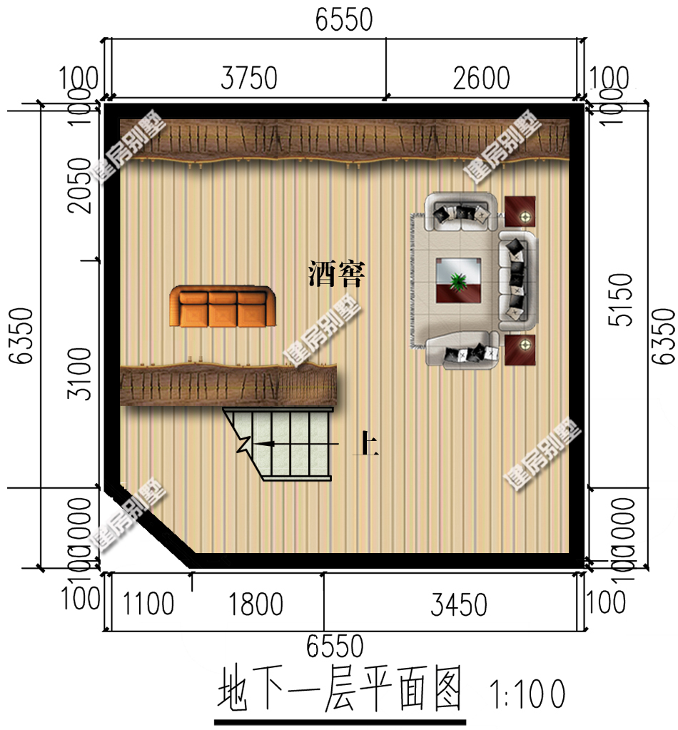 最后我们看下这款的平面布局,地下一层是设计成一个酒窖,建筑面积为