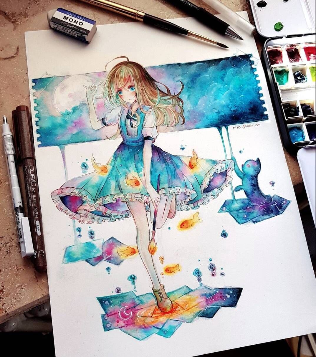 水彩插画,一组梦幻唯美的动漫少女水彩插画