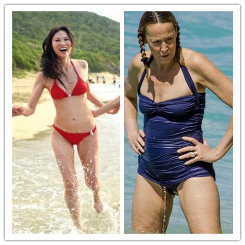 51岁邓文迪海边戏水,女儿把比基尼穿得很大胆,但身材还没老妈好