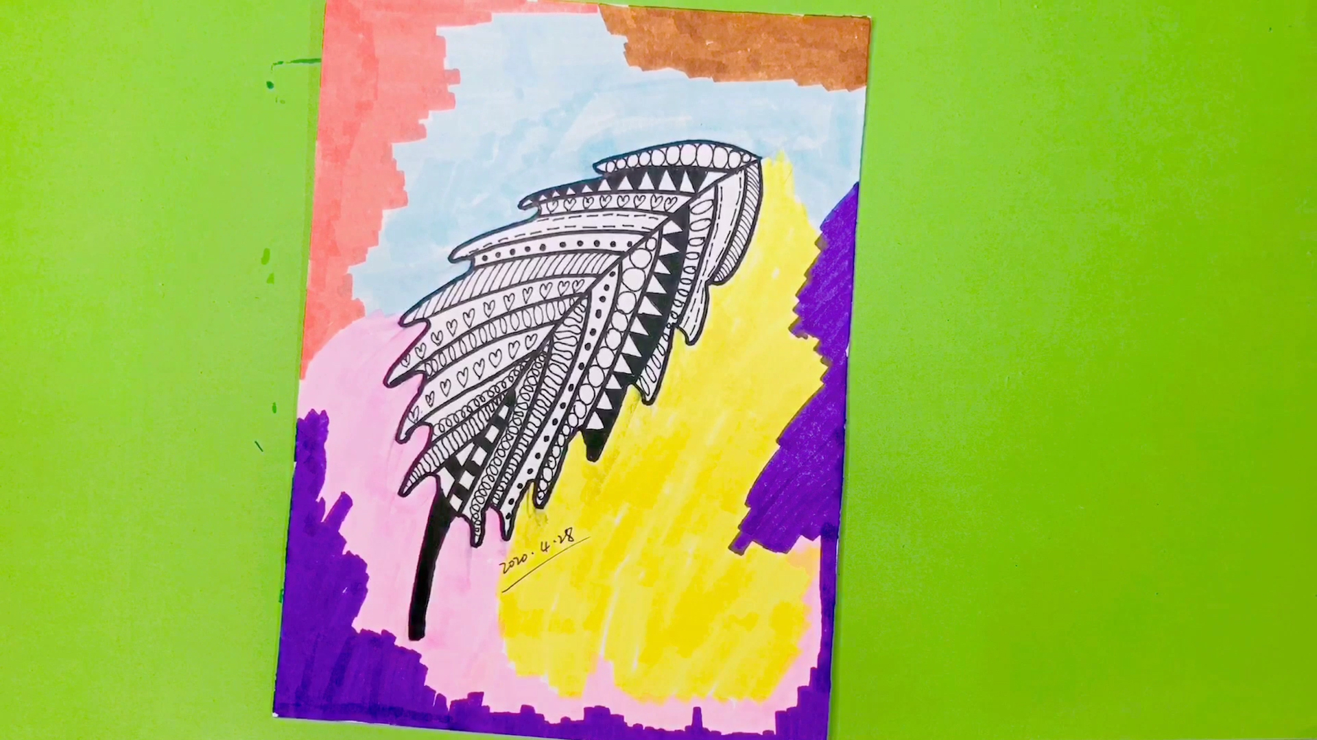 用线描画一片树叶,尤其适合大班正在学拼音和数字的小朋友练习