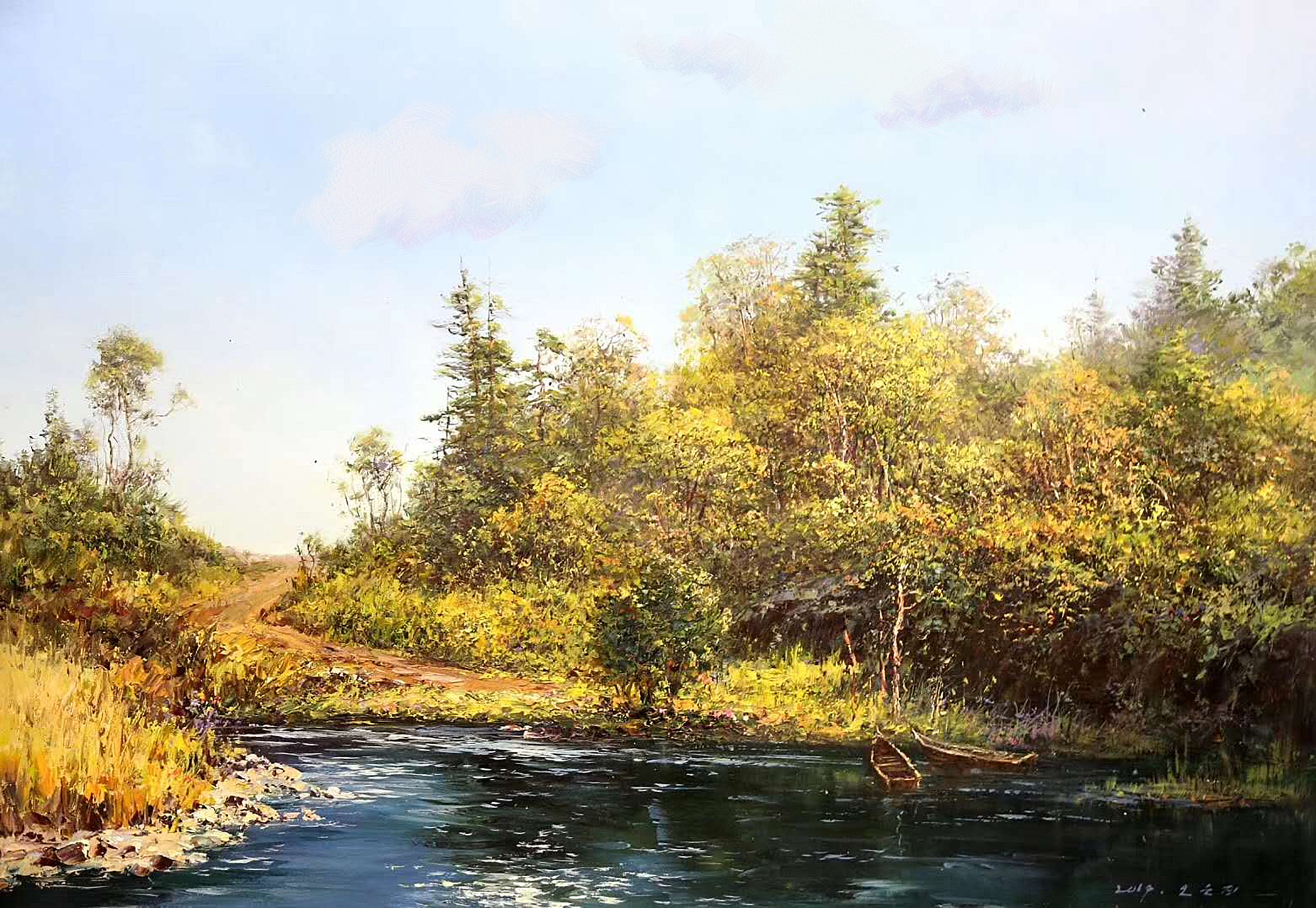 油彩画的小村风景