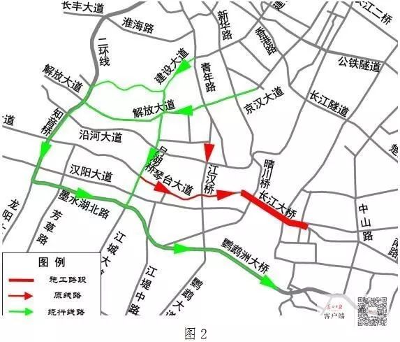 知音桥方向的车辆,可以从墨水湖北路高架,二环线绕行鹦鹉洲长江大桥