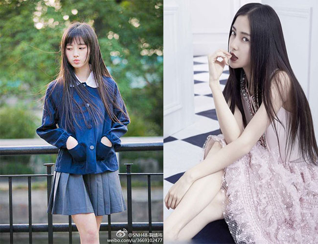 鞠婧祎挑战黑长直发型,一身校服装扮,深蓝色娃娃衫搭配灰色的