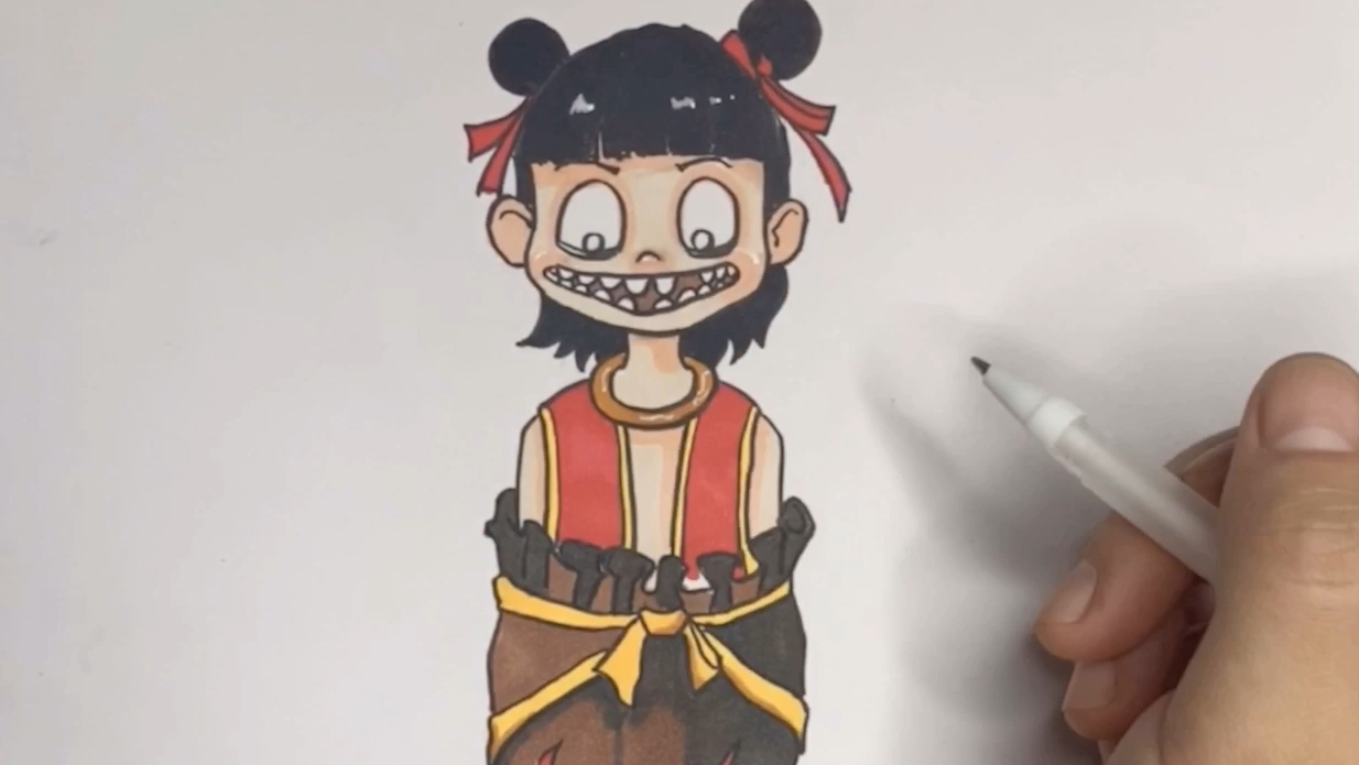 哪吒手绘简笔画宝宝涂色画画步骤简单易学