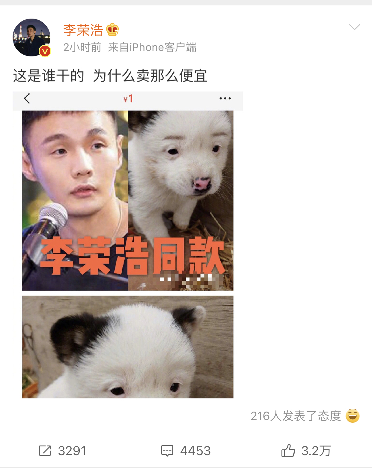 李荣浩同款狗狗,售价仅售一元