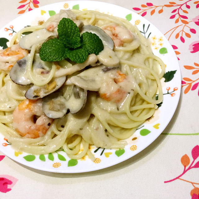 奶油白汁海鲜意面,清新低脂,一盘子都不够吃