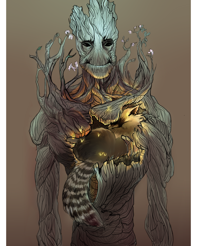 暖心画作:在一起的浣熊和树精(2)