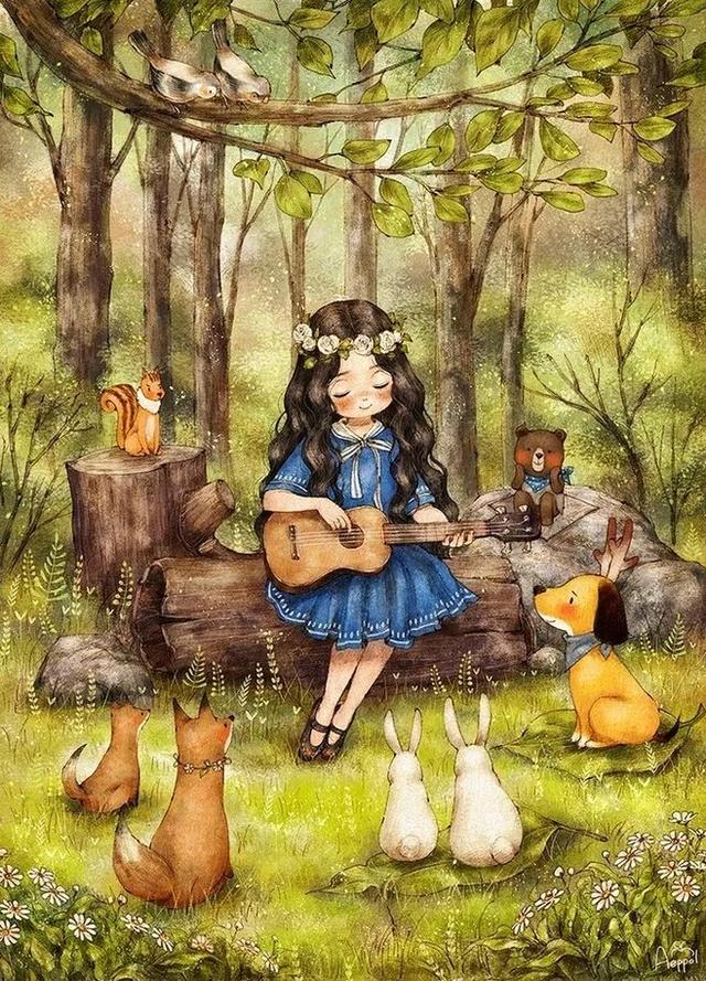 韩国插画师作品,28幅治愈系的森林女孩插画!