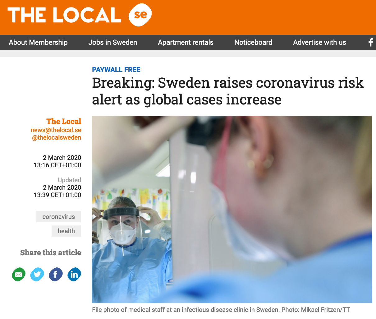 瑞典将个人感染新冠病毒风险提升至"非常高",疫情扩散风险提升至"中等