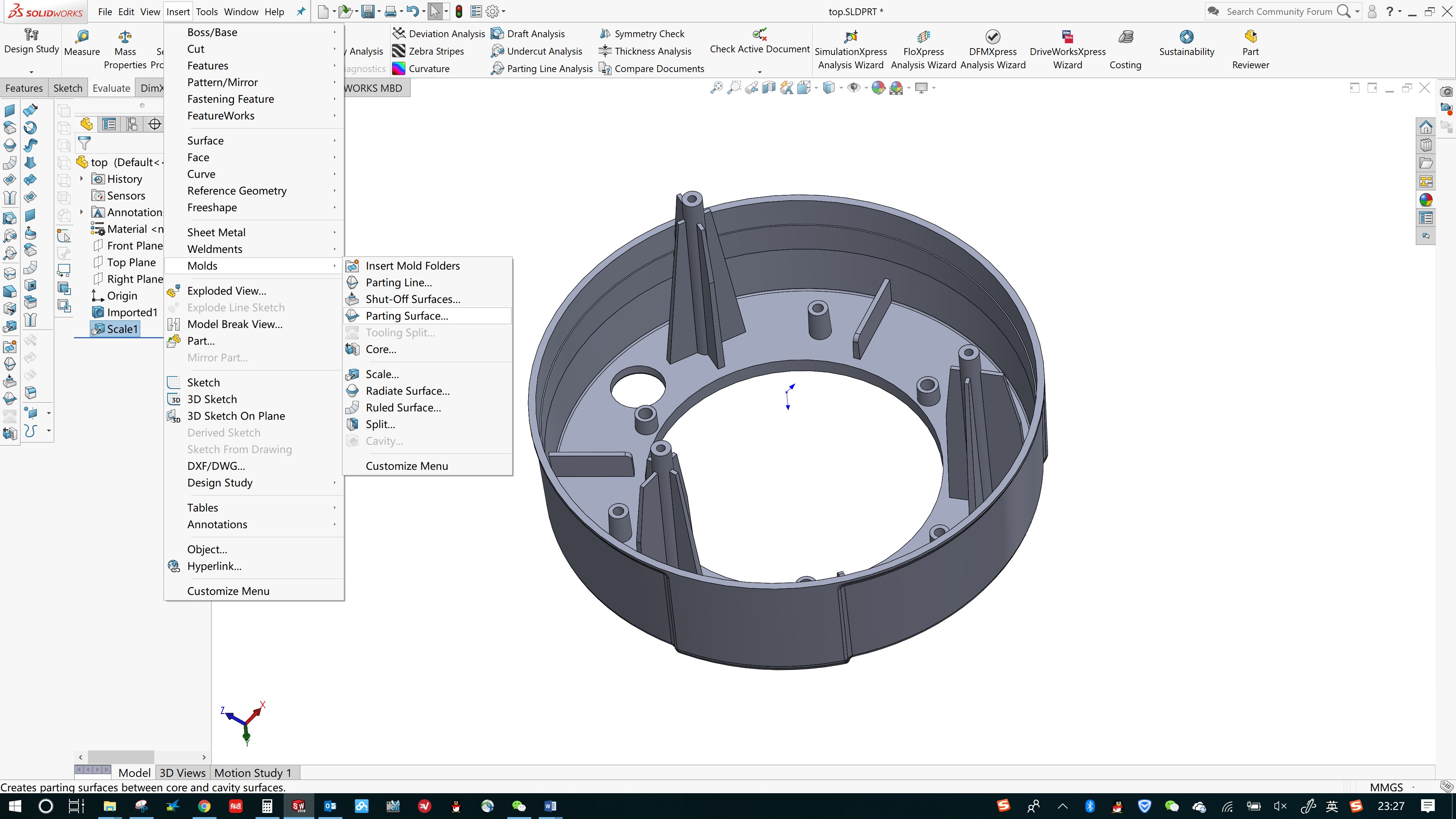 选择拔模分析时的平面作为分型线的拔模面来进行分型线的自动分型.