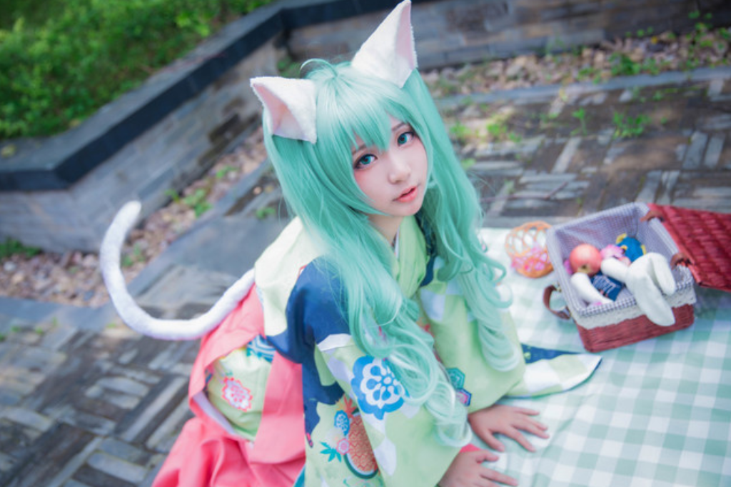 超萌二次元cos,猫女系初音未来,喵呜要一起野炊吗