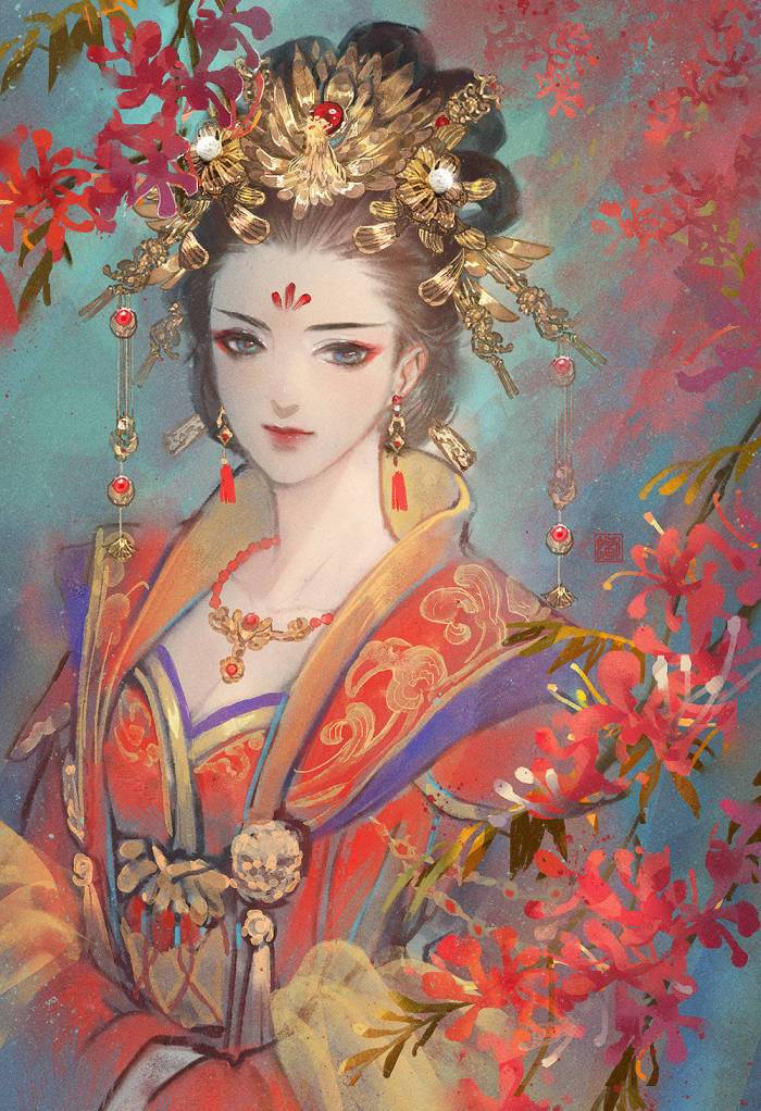 国人画师|花朵拟人,一组古风女娇娥,绘出了五种花仙