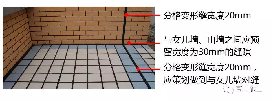 山墙部位伸缩缝为30mm,中间为20mm;采用沥青砂填缝,细石砼屋面分格缝