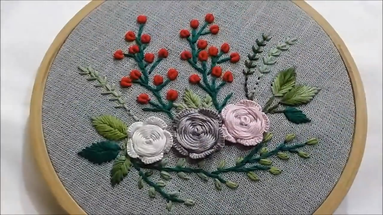 绣花小课堂,玫瑰花卉图案刺绣方法!