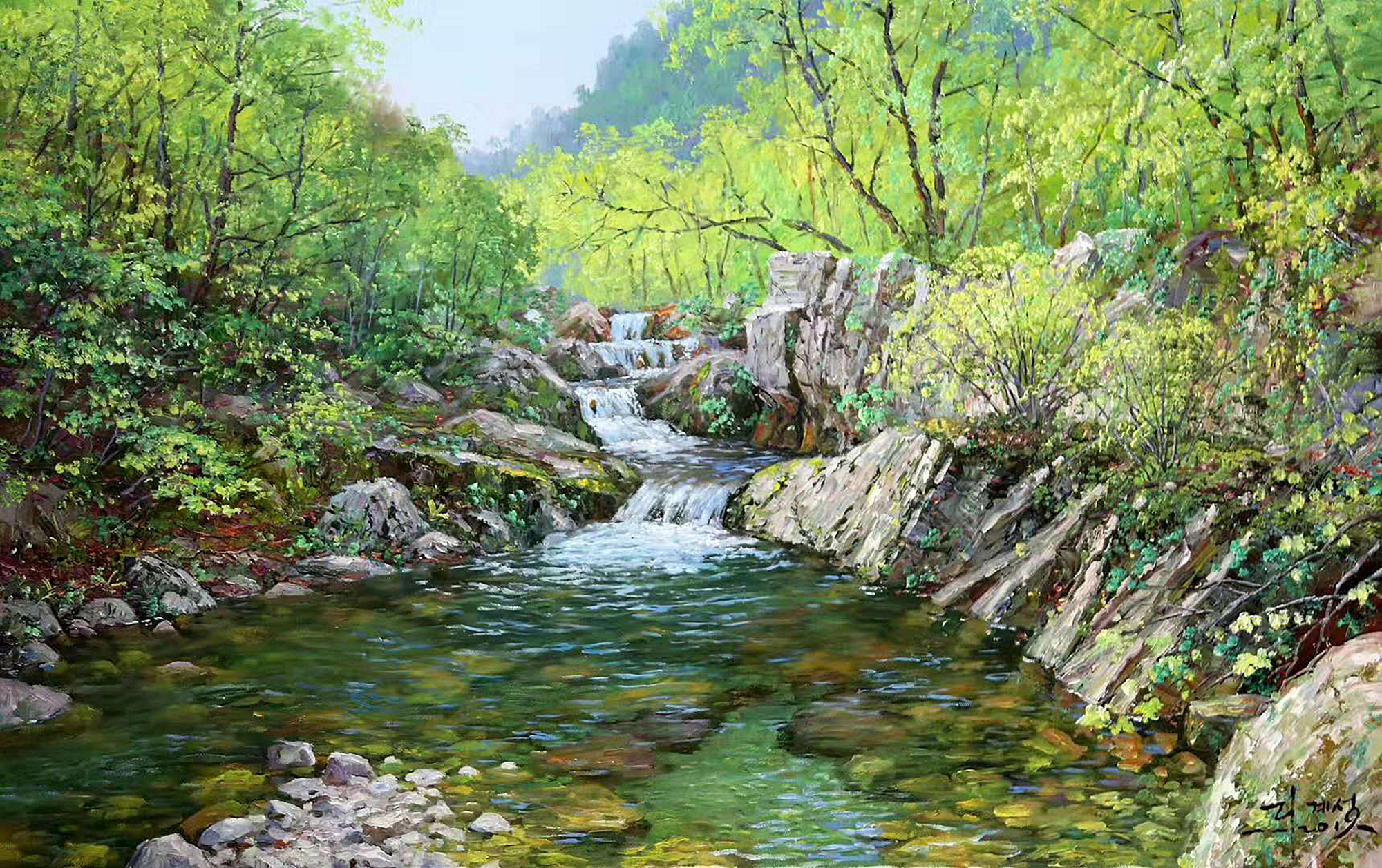 油画风景,山溪边的树