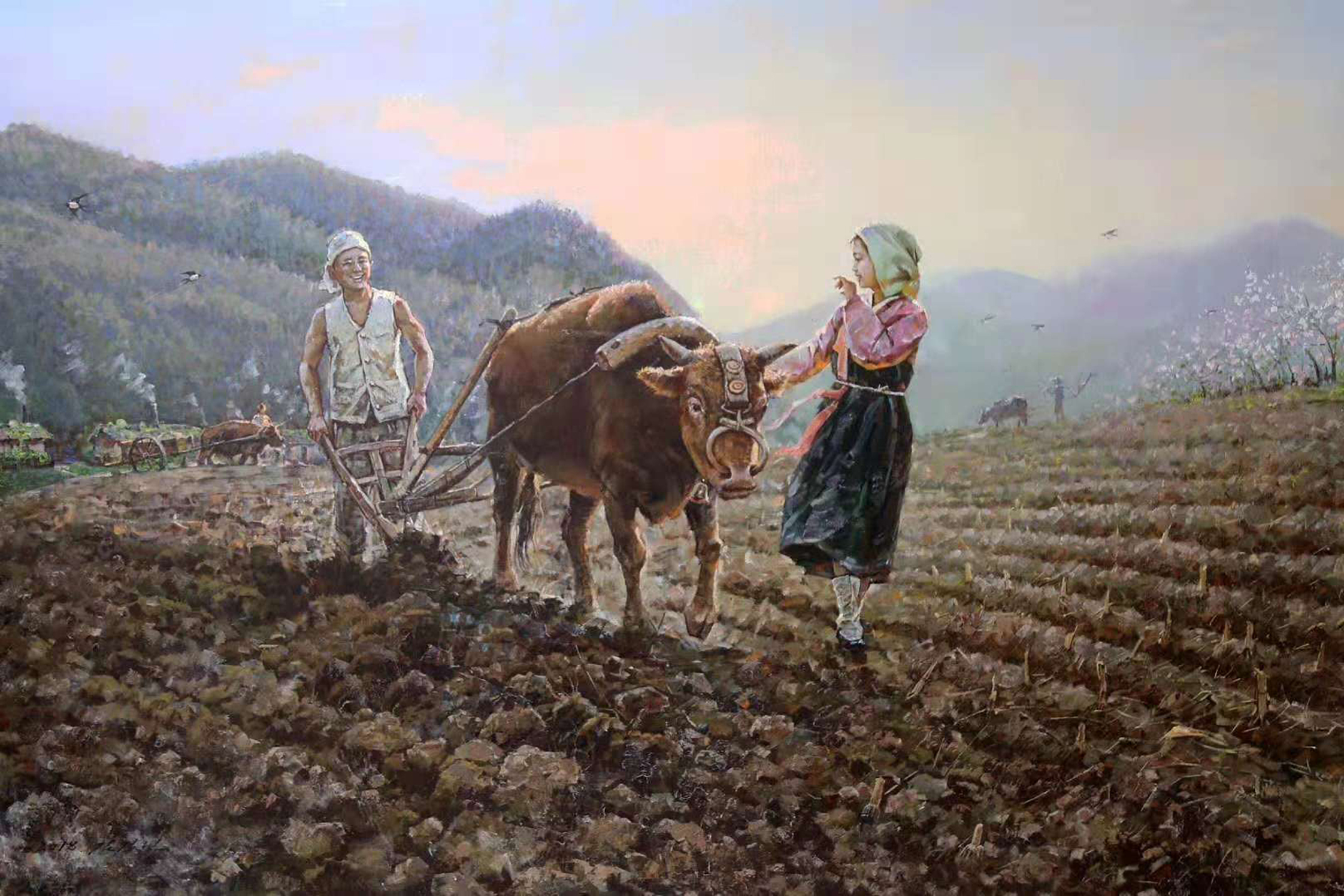 油画欣赏:表现农村春耕秋种劳作场景的风景画