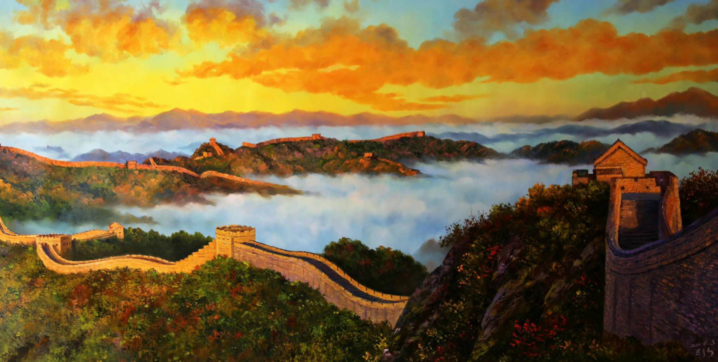 油画风景《万里长城》局部之一. 转载自百家号作者:8彩虹画室
