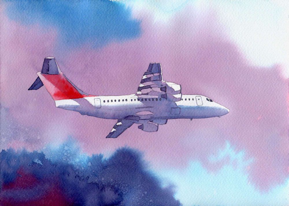 水彩画-客运飞机