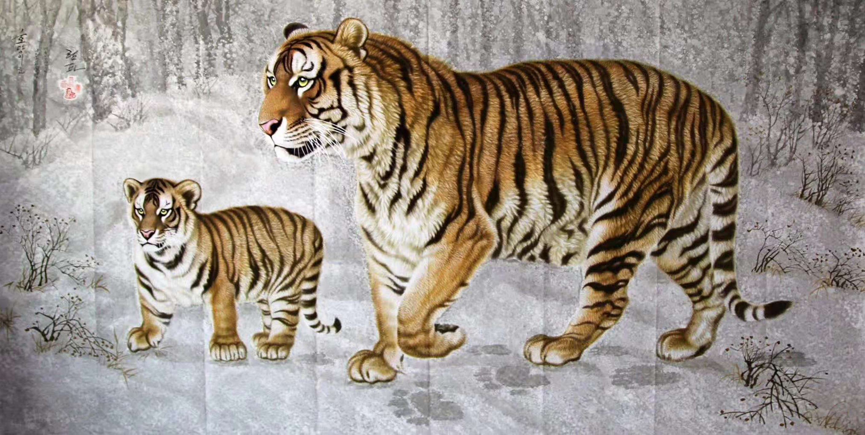 工笔重彩画虎:一组林海雪原中的老虎画,请欣赏