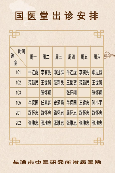 长治市中研附院国医堂出诊安排来啦