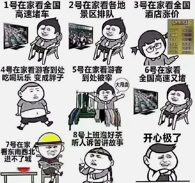 上面一组表情包更是明槽了一把在外旅游的游客们,言外之意,我在家宅着