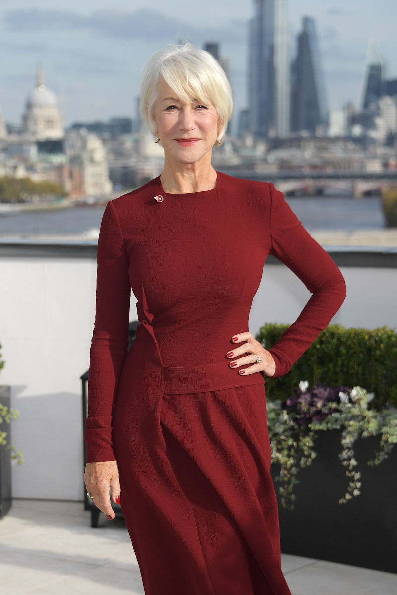 海伦·米伦穿搭:枣红色收腰连身裙蛇皮纹尖头鞋优雅迷人