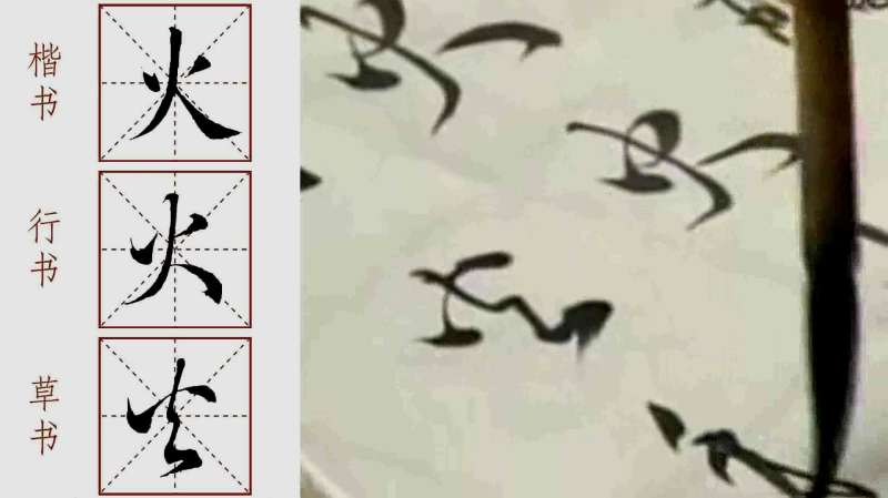 “火”字的行书体先写左右的两点，最后一捺变成一个长点,文化历史,文化艺术,好看视频