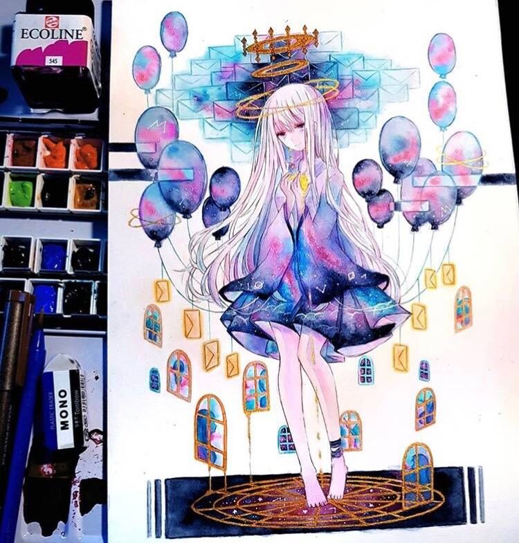 水彩插画,一组梦幻唯美的动漫少女水彩插画