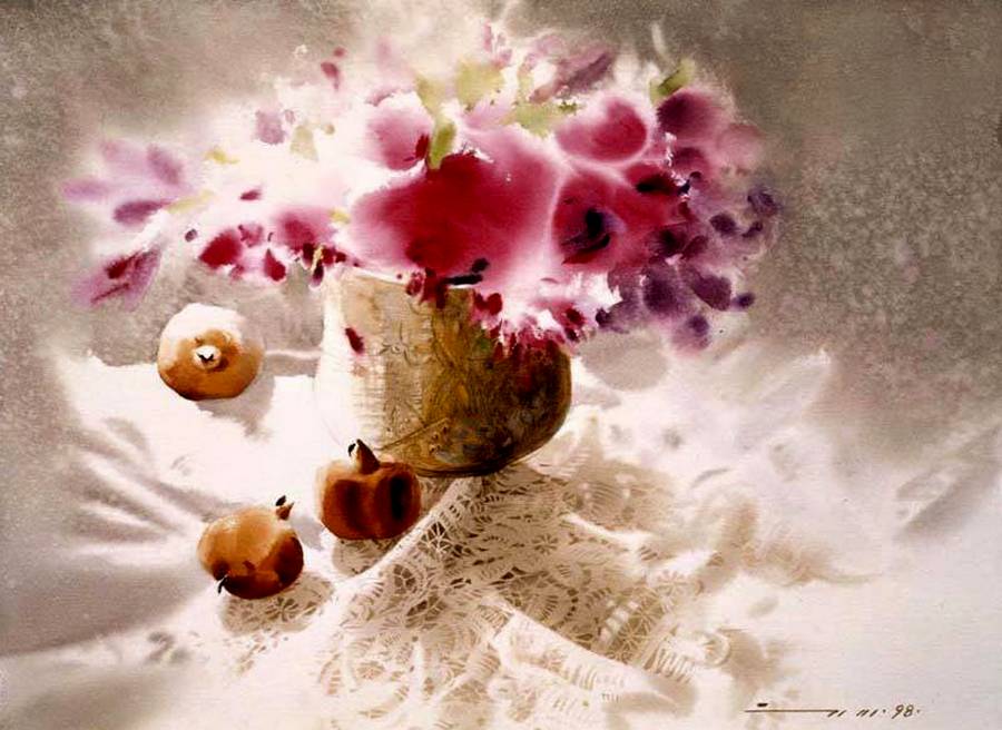 水彩画:精致的静物花卉作品-艺术家you mee park
