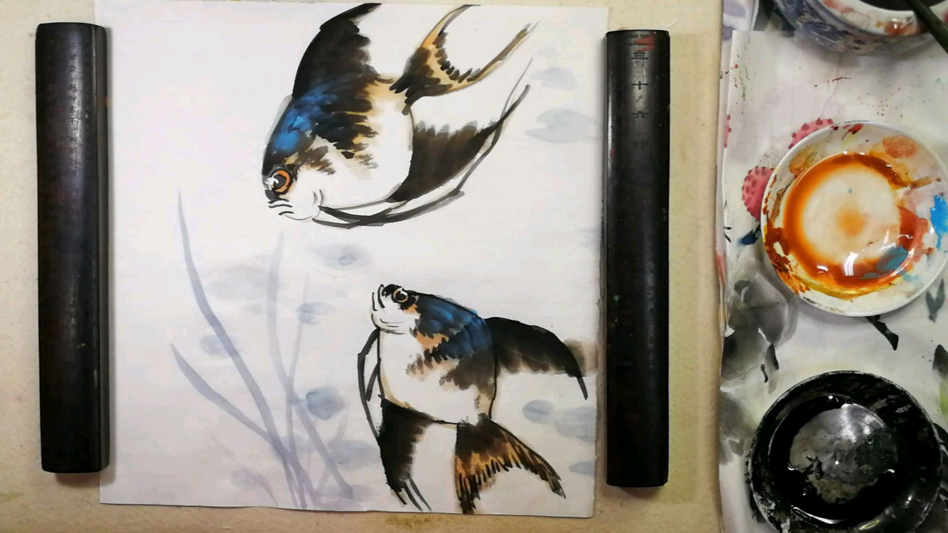 国画基础教程动物篇。热带鱼上色:小品创作画