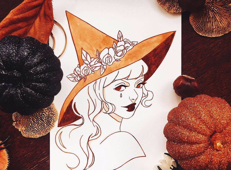 水彩手绘,万圣节装扮戴女巫帽的女生,女生背影