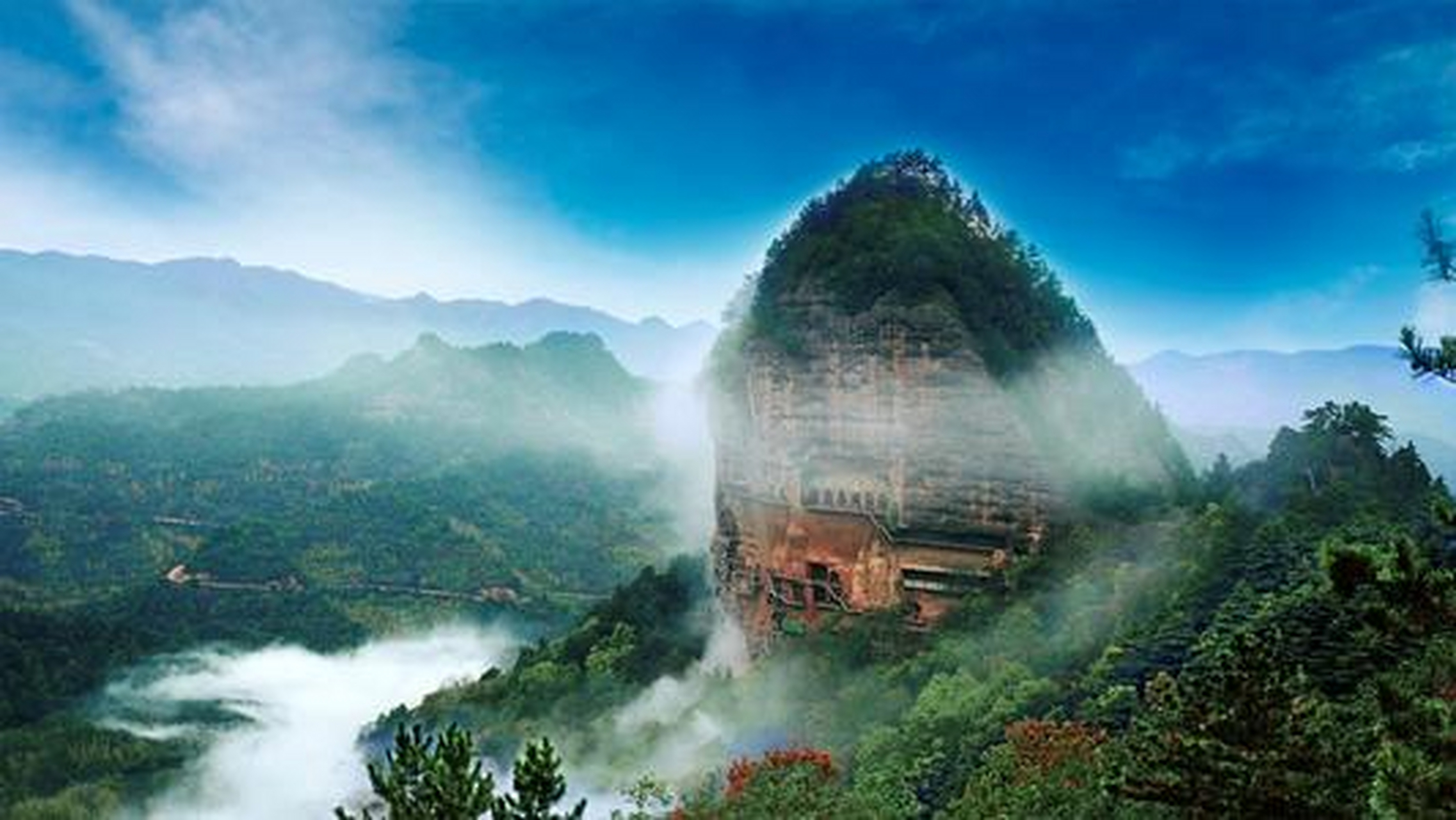 麦积山位于天水市麦积区,是小陇山的一座孤峰,高142米,因山形似麦垛而