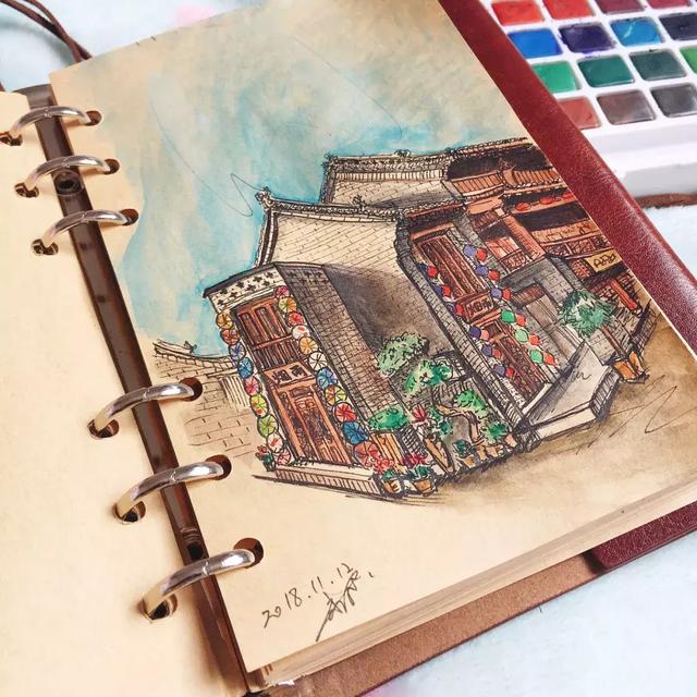 速写本勾画出洛阳古城,千年古塔垂柳烟波朱阁楼榭