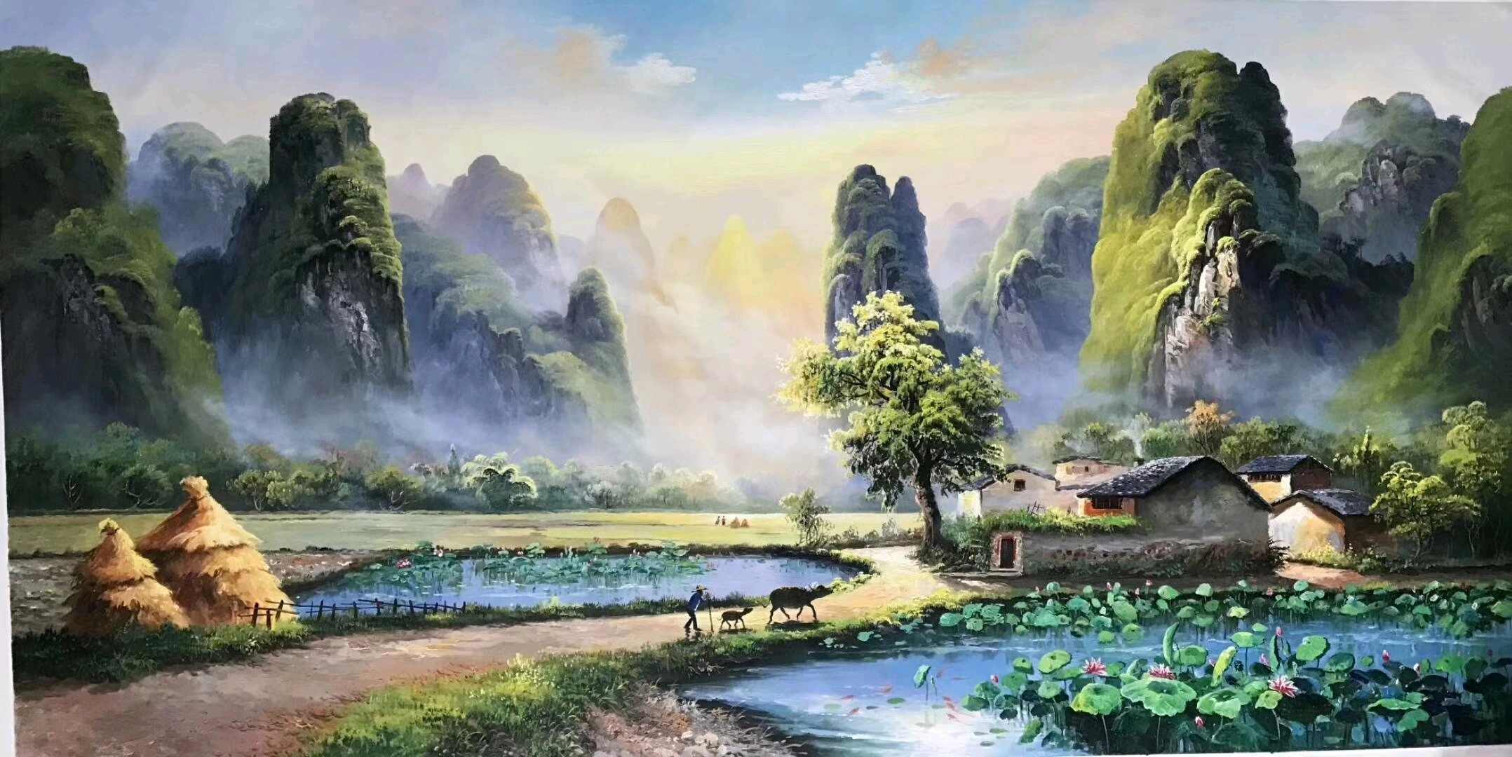 油画桂林山水比相机拍摄还要美