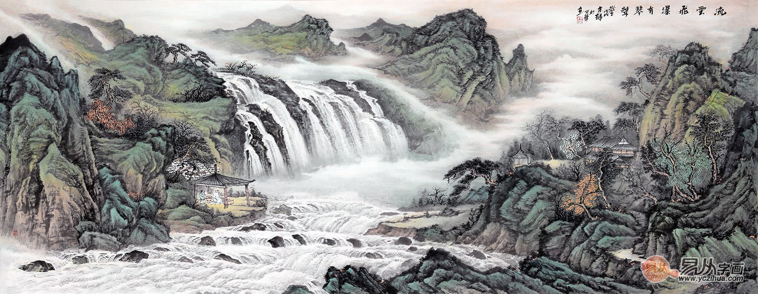 中美协余静青绿山水作品赏析—《流云飞瀑有琴声》