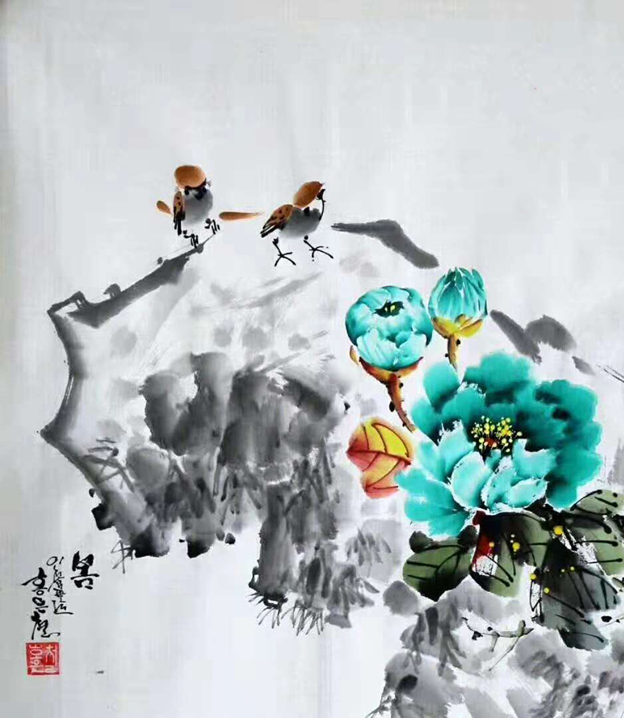 斗方花鸟画:葡萄,牡丹,红梅和麻雀组合的水墨小品