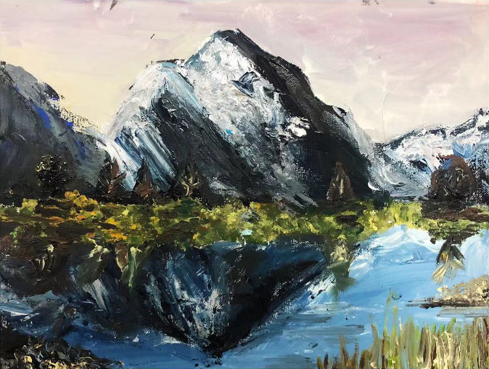 一格画画少儿美术教育学院佟铭晨水粉绘画作品《阿尔卑斯山》7岁