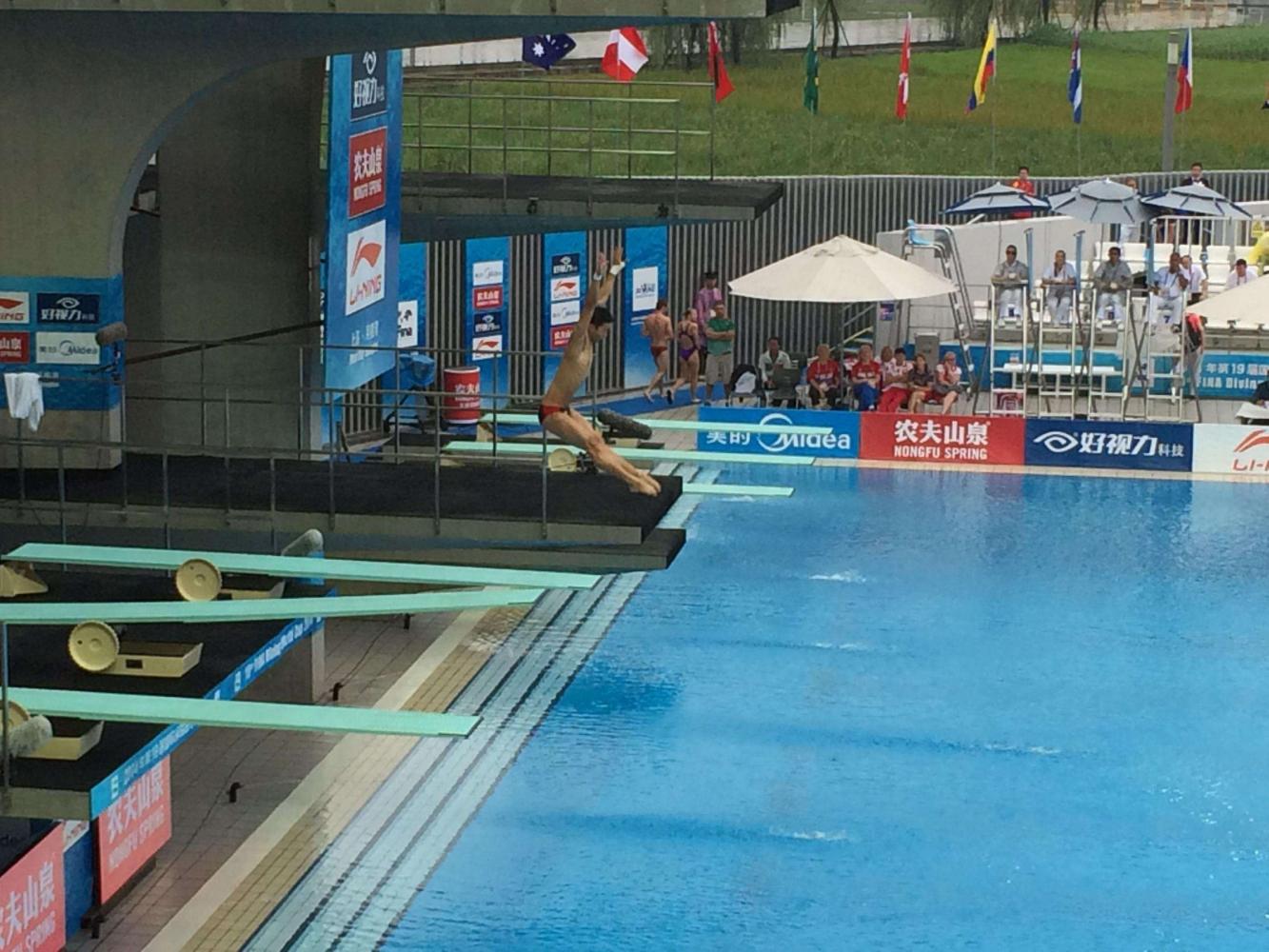 跳板跳水在一条离水面3米高的有弹性的板上进行