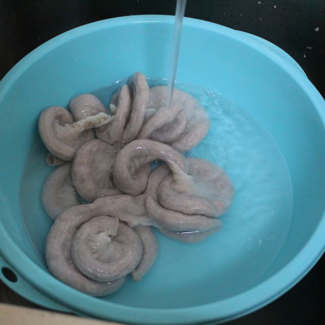 第6步,焯好水的粉肠用热水清洗干净.